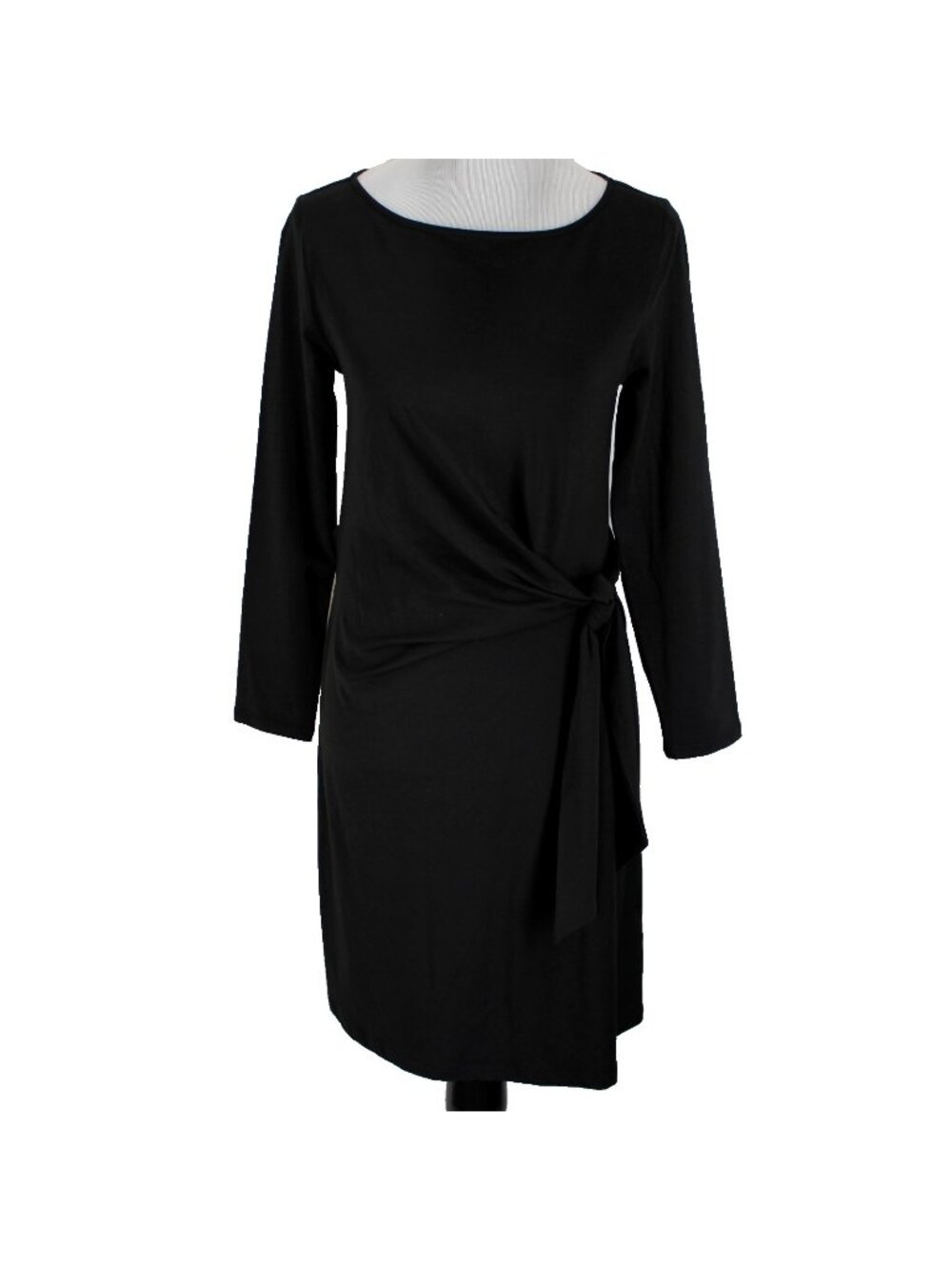 Lands End Knit Dress Womens Size XS Solid Black Long Sleeve Side Tie Knee Length